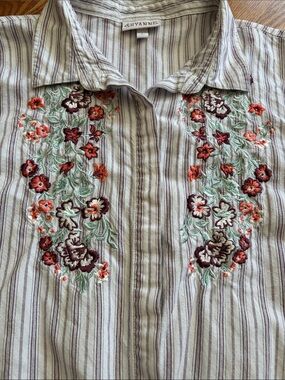 Shyanne Cream Striped Shirt with Rust and Mint Floral Embroidery